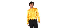 Location chemise disco froufrous jaune en satin année 80 pour homme chez Be Happy