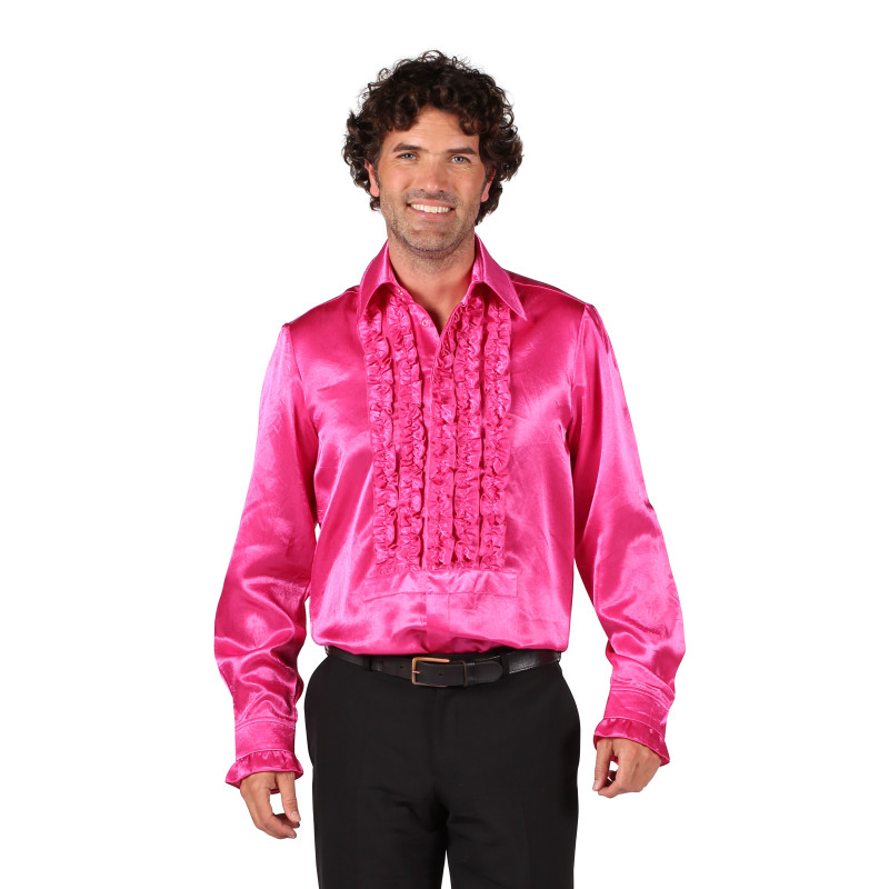 Location chemise disco froufrous rose en satin année 80 pour homme chez Be Happy