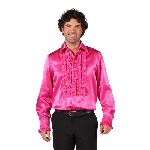Location chemise disco froufrous rose en satin année 80 pour homme chez Be Happy