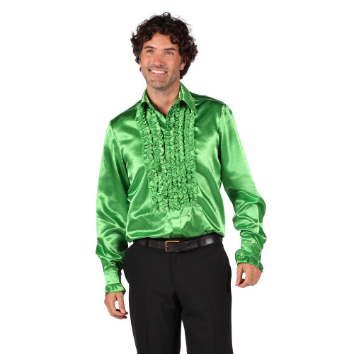 Location chemise disco froufrous verte en satin année 80 pour homme chez Be Happy