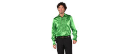 Location chemise disco froufrous verte en satin année 80 pour homme chez Be Happy