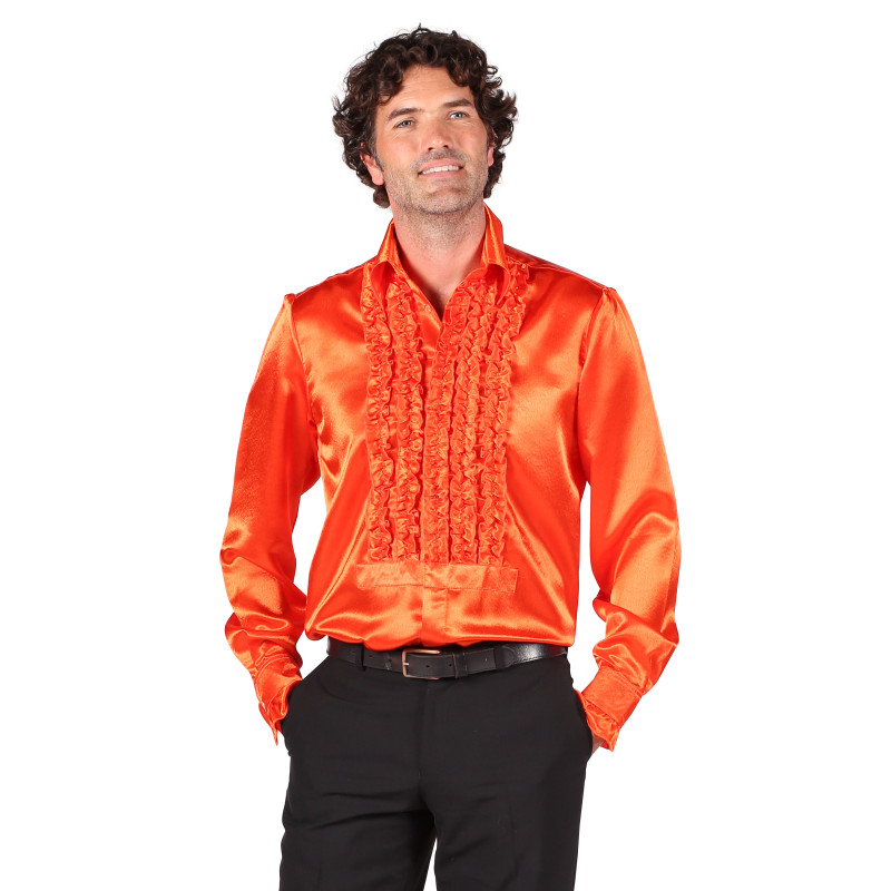 Location chemise disco froufrous orange en satin année 80 pour homme chez Be Happy