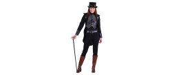 Location veste steampunk 1850 femme en cuir couleur noire chez Be Happy
