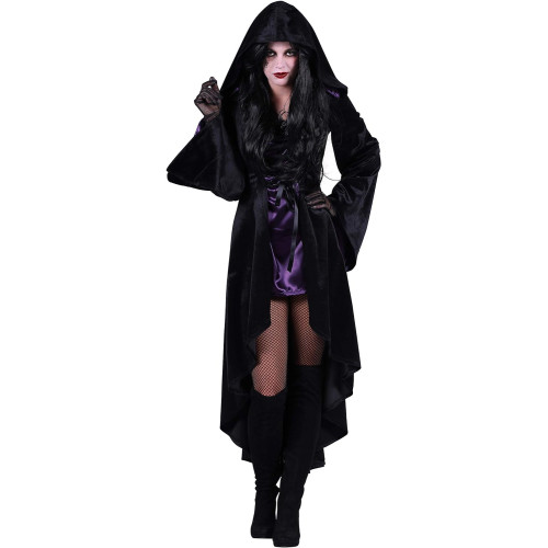 Location robe sorcière luxe noire et violette pour adulte chez Be Happy