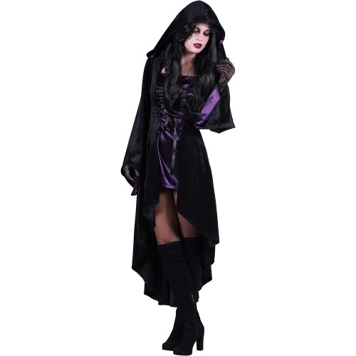 Location robe sorcière luxe noire et violette pour adulte chez Be Happy