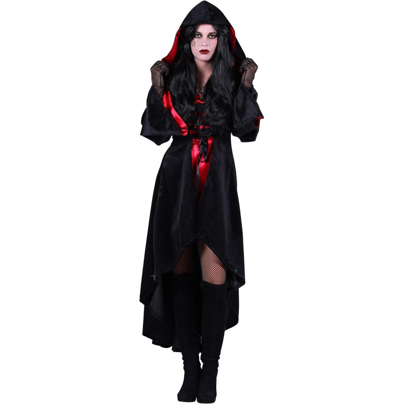 Location robe sorcière luxe noire et rouge pour adulte chez Be Happy