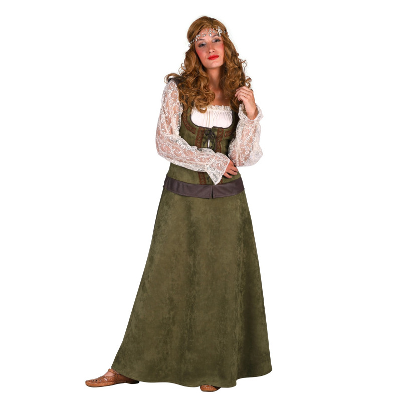 Location robe médiévale verte en velours Marianne, robin des bois femme luxe longue chez Be Happy