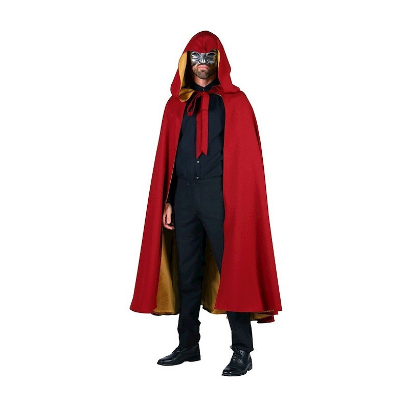 Location cape luxe longue grande capuche vénitienne rouge dorée adulte chez Be Happy