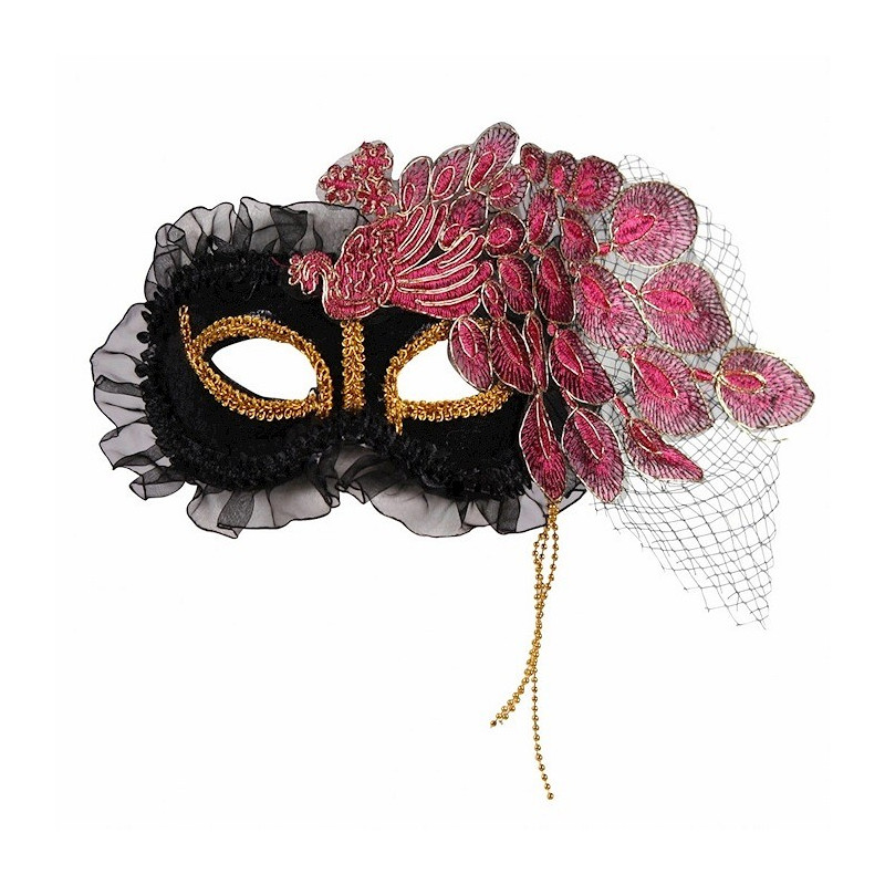Masque loup vénitien pour yeux luxe avec paon en dentelle rose pour adulte en vente à Be Happy