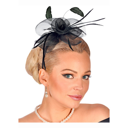 Serre tête 1900 1930 cabaret charleston noire avec tulle, plumes et noeud pour adulte en vente chez Be Happy