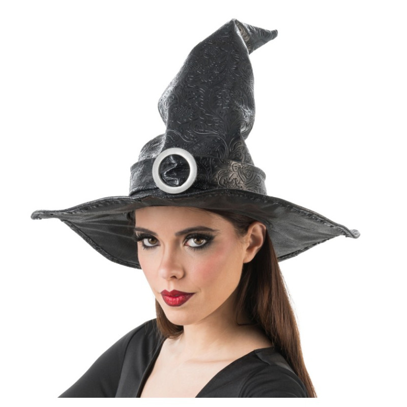 Chapeau de sorcière luxe pointu en cuir noir pour adulte avec boucle argenté en vente chez Be Happy