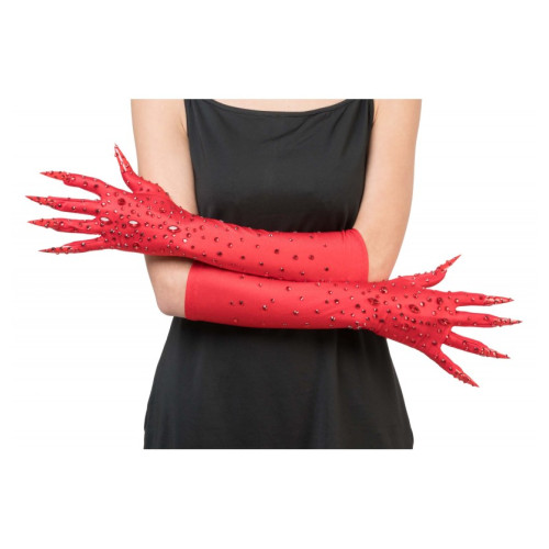 Paire de gants de diablesse rouge avec diamants et griffes rouge long de 45cm en vente à Paris chez Be Happy