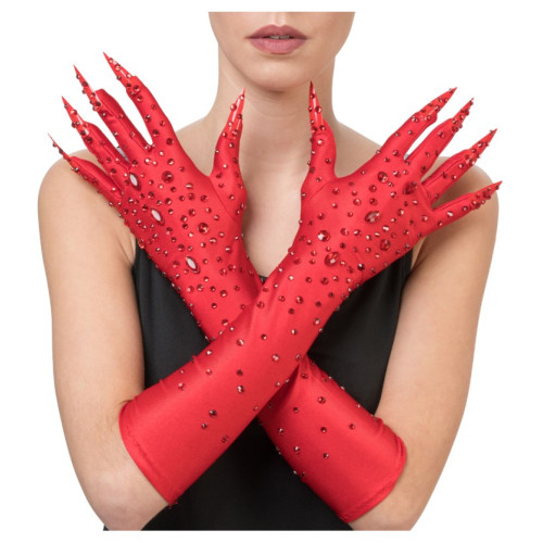 Paire de gants de diablesse rouge avec diamants et griffes rouge long de 45cm en vente à Paris chez Be Happy