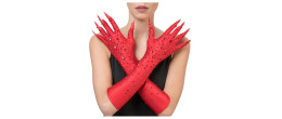 Paire de gants de diablesse rouge avec diamants et griffes rouge long de 45cm en vente à Paris chez Be Happy