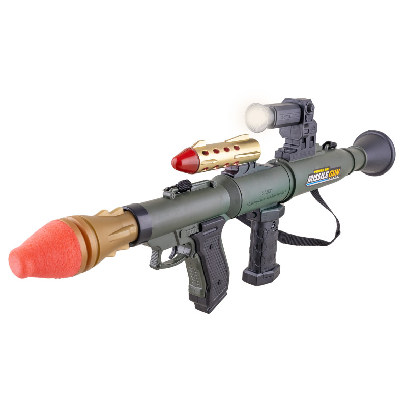 Lance roquette de 50cm sonore, lumineux avec 3 pièces en vente chez Be Happy pour compléter un déguisement.