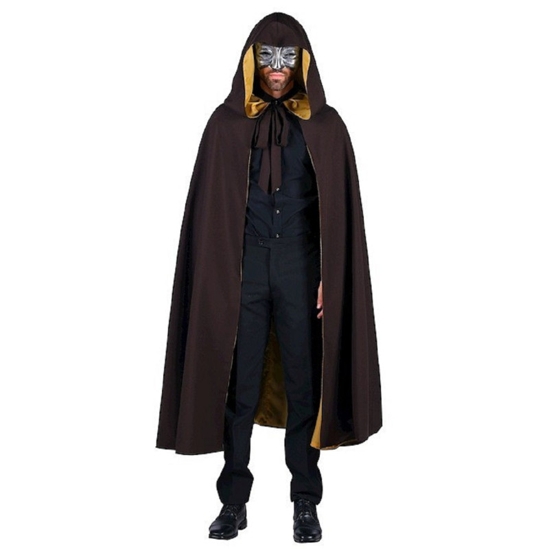 Location cape luxe longue grande capuche vénitienne marron dorée adulte chez Be Happy