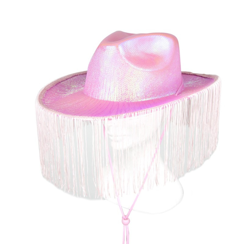 Chapeau de cowboy rose irisé avec franges pour adulte en vente à Paris chez Be Happy