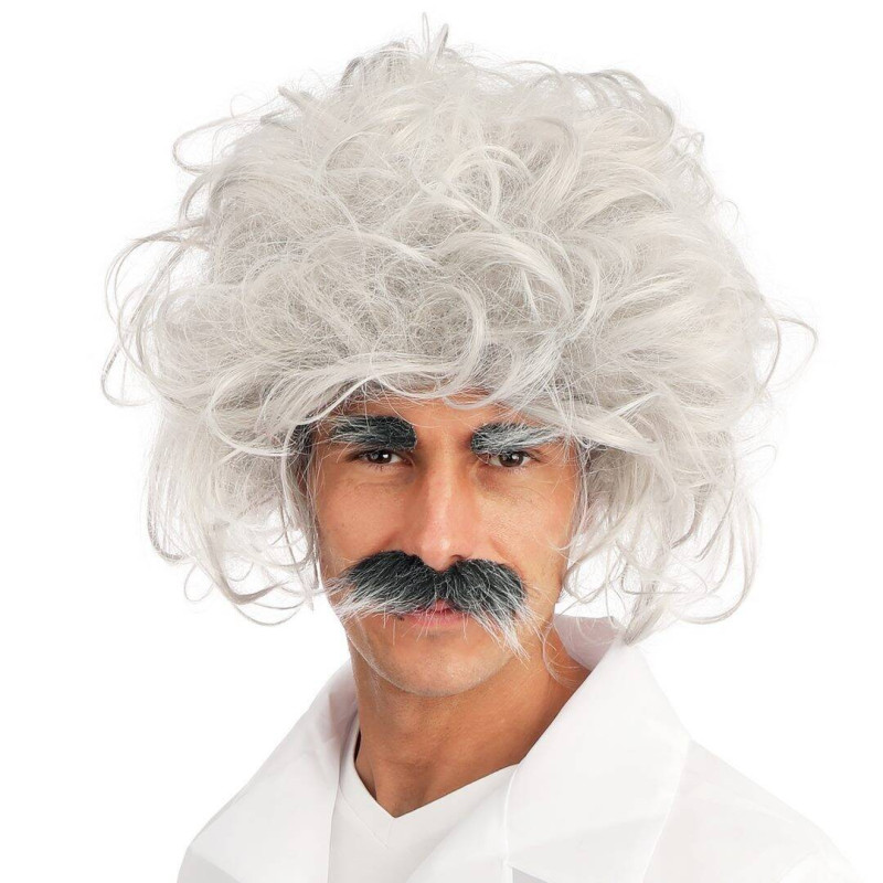 Perruque savant Einstein blanche avec sourcils et moustache en vente chez Be Happy à Paris.