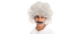 Perruque savant Einstein blanche avec sourcils et moustache en vente chez Be Happy à Paris.