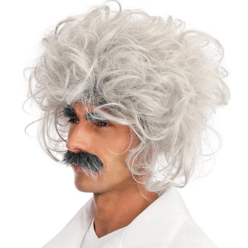 Perruque savant Einstein blanche avec sourcils et moustache en vente chez Be Happy à Paris.