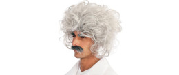 Perruque savant Einstein blanche avec sourcils et moustache en vente chez Be Happy à Paris.