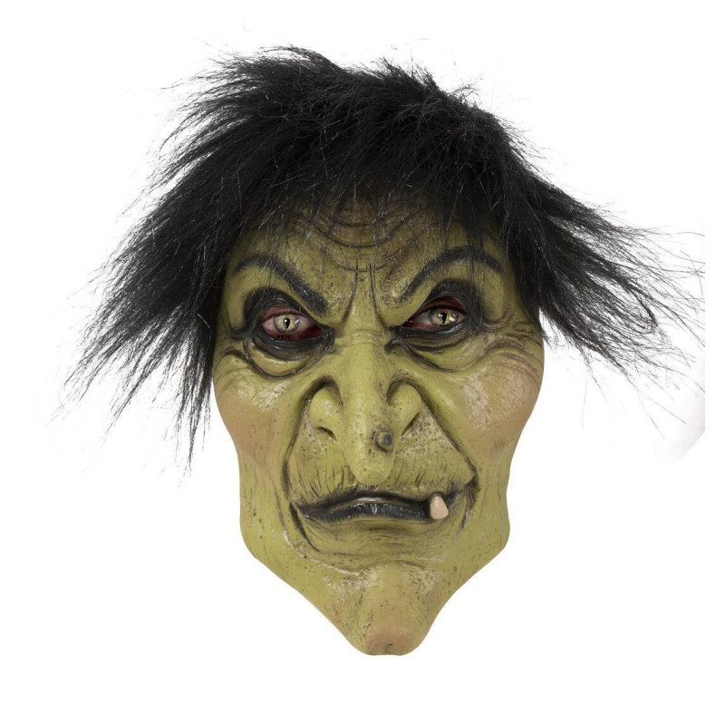 Masque sorcière verte avec cheveux noir pour adulte en vente chez Be Happy, vente masque halloween adulte