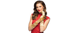 Paire de gants longs de 38cm couleur doré en satin pour adulte en vente chez Be Happy