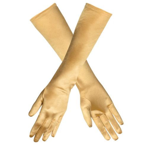 Paire de gants longs de 38cm couleur doré en satin pour adulte en vente chez Be Happy