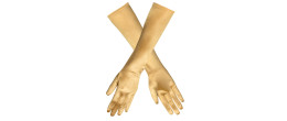 Paire de gants longs de 38cm couleur doré en satin pour adulte en vente chez Be Happy