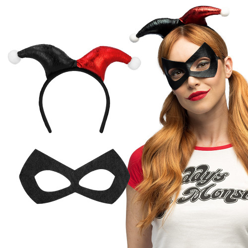 Set arlequin noir et rouge, Harley Quinn avec serre tête et masque en vente chez Be Happy.