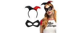 Set arlequin noir et rouge, Harley Quinn avec serre tête et masque en vente chez Be Happy.