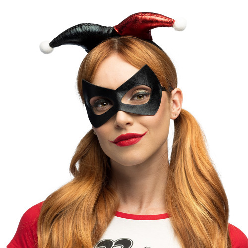 Set arlequin noir et rouge, Harley Quinn avec serre tête et masque en vente chez Be Happy.