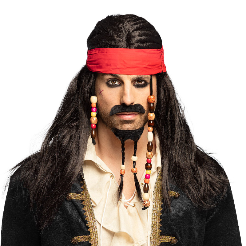 Perruque Pirate dreadlocks, perruque jack sparrow luxe avec barbe moustache et bandana pour adulte pirate des caraïbes