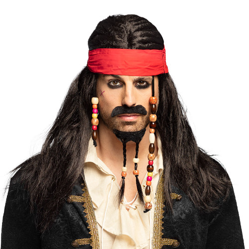 Perruque Pirate dreadlocks, perruque jack sparrow luxe avec barbe moustache et bandana pour adulte pirate des caraïbes