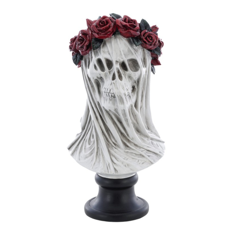 Buste tête de mort avec couronne de roses en résine pour décoration Halloween, dia de los muertos en vente chez Be Happy