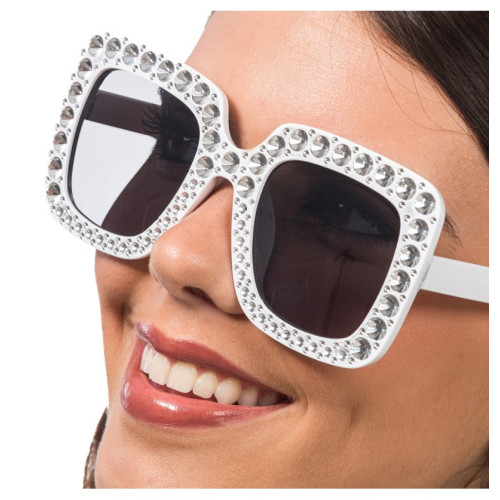 Lunettes blanche disco à strass diamant en vente à Paris chez Be Happy