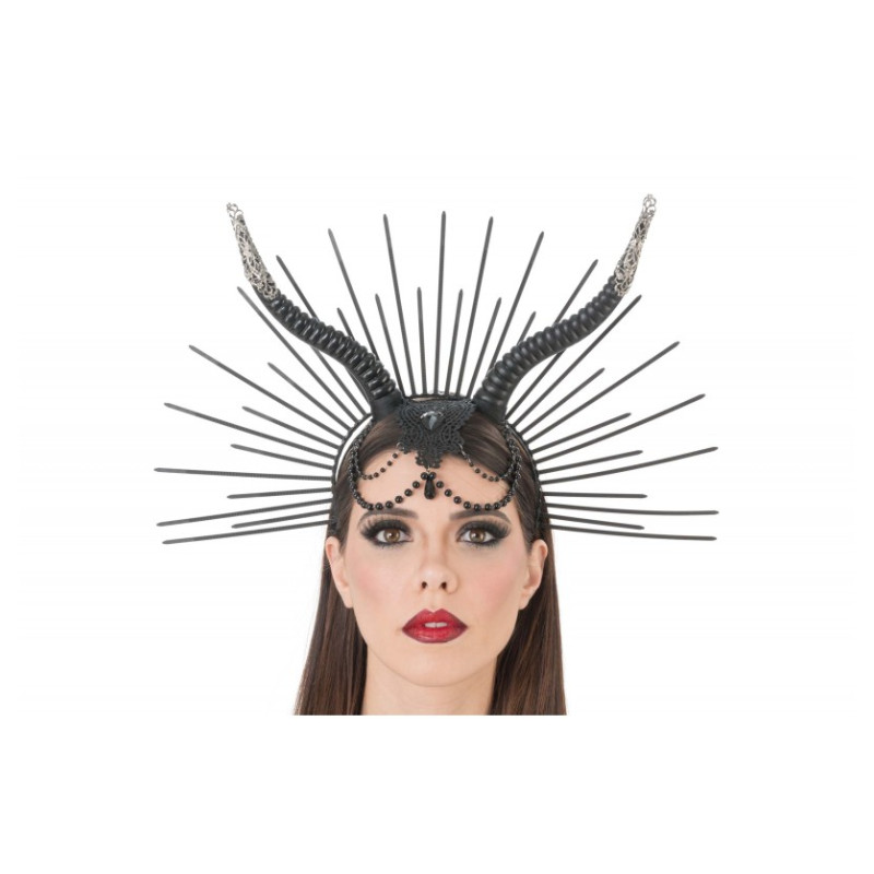 Serre tête gothique avec cornes noires, perles et soleil de 42cm pour adulte en vente à Be Happy, Paris