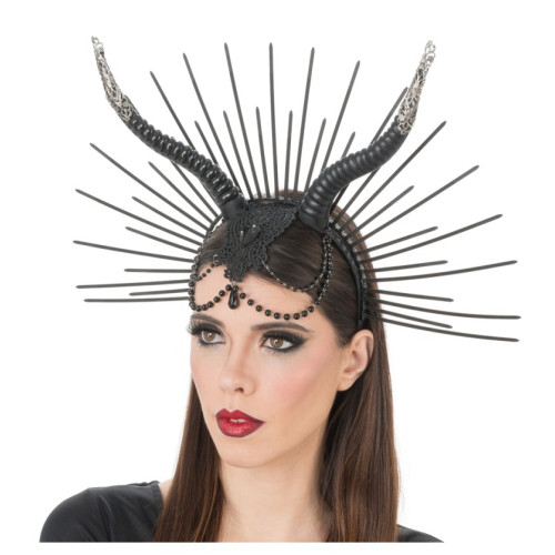 Serre tête gothique avec cornes noires, perles et soleil de 42cm pour adulte en vente à Be Happy, Paris
