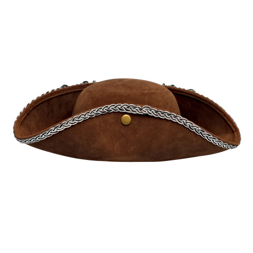 Chapeau tricorne luxe couleur marron pour homme et femme avec boutons en métal et galon argenté en vente à Be Happy à Paris