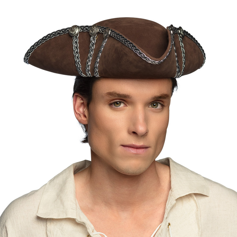 Chapeau tricorne luxe couleur marron pour homme et femme avec boutons en métal et galon argenté en vente à Be Happy à Paris