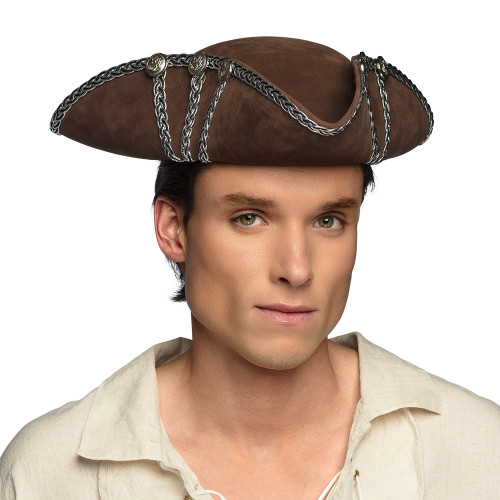 Chapeau tricorne luxe couleur marron pour homme et femme avec boutons en métal et galon argenté en vente à Be Happy à Paris