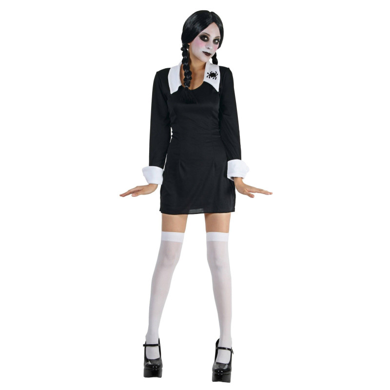 Déguisement uniforme Mercredi Addams robe noire à col blanc pour adulte en vente chez Be Happy