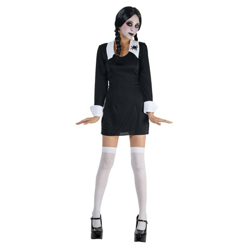 Déguisement uniforme Mercredi Addams robe noire à col blanc pour adulte en vente chez Be Happy