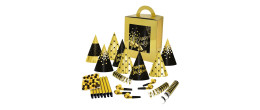 Cotillons "Happy New Year" noir et or pour 10 personnes en vente chez Be Happy.