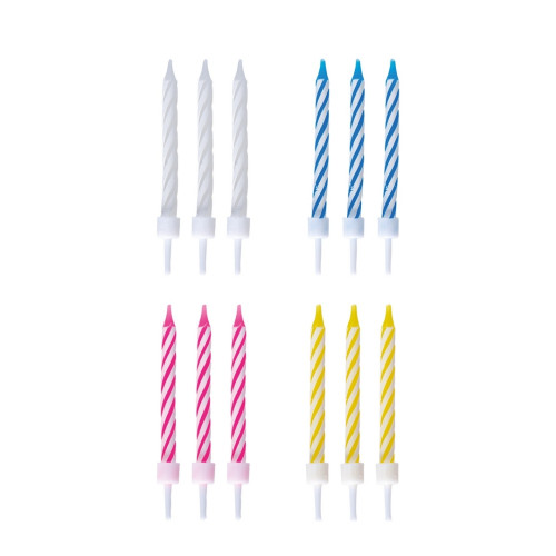 Vente 12 bougies d'anniversaire multicolore en vente chez Be Happy. Accessoires festif pour anniversaire