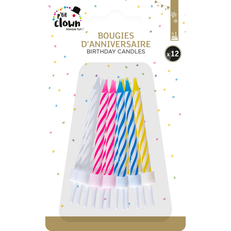 Vente 12 bougies d'anniversaire multicolore en vente chez Be Happy. Accessoires festif pour anniversaire