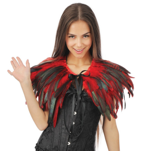 Cape épaulette gothique en vraie plumes rouge en vente chez Be Happy à Paris et en ligne.