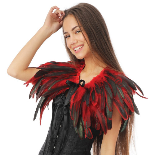 Cape épaulette gothique en vraie plumes rouge en vente chez Be Happy à Paris et en ligne.