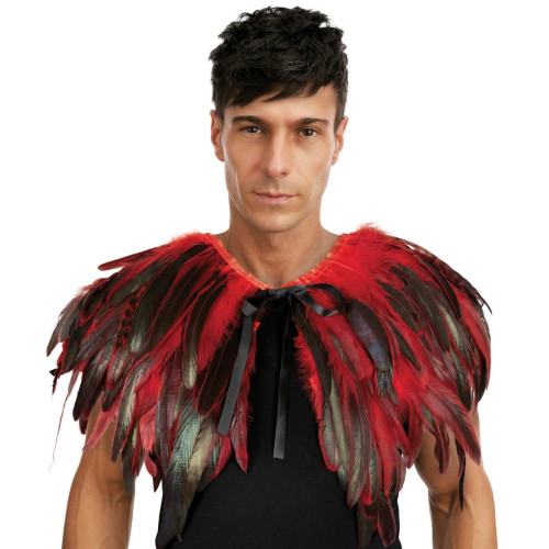 Cape épaulette gothique en vraie plumes rouge en vente chez Be Happy à Paris et en ligne.