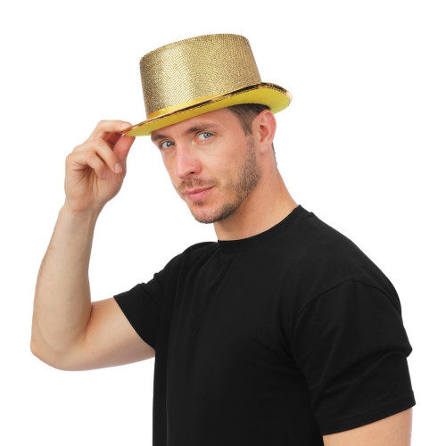 Chapeau haut de forme luxe en couleur doré en vente chez Be Happy pour vos soirée festif et à thème